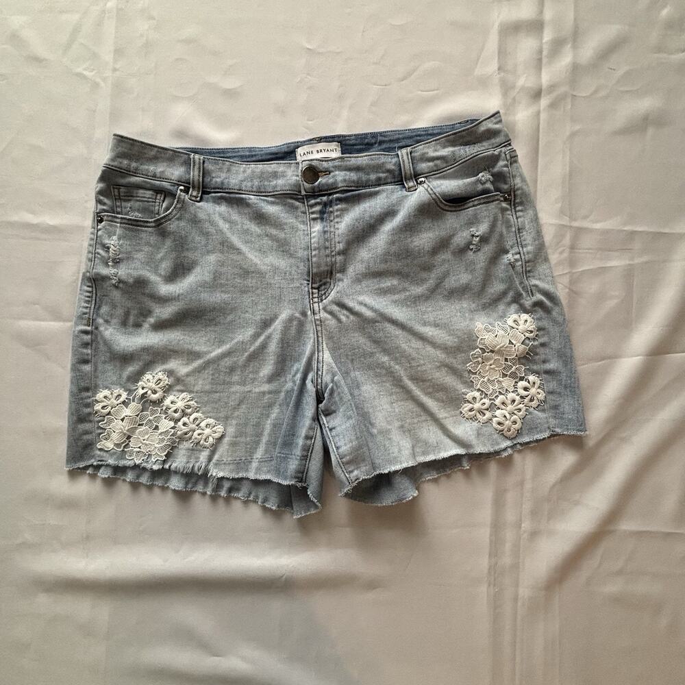 Lane Bryant Light Blue Denim Shorts with White Lace Appliqué